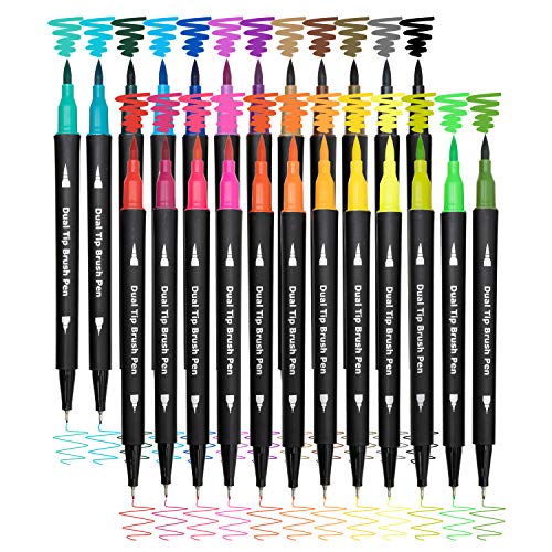 Dual Brush Marker Pens,24 Colored Markers,Fine Point and Brush Tip